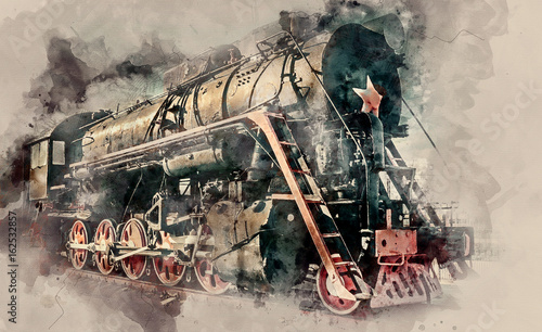The old Old steam locomotive on sunset background. Vintage style train. Watercolor background