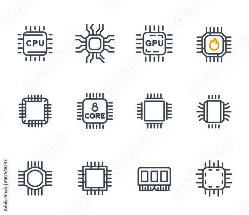 Chipset, cpu line icons, microchip, 8 core processor, microcircuit