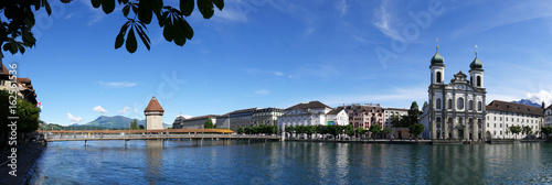 Lucerne with chapel bridge, jesuit church an mount rigi in the background