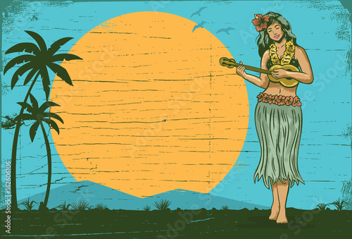 Hello summer sign board, Hula girl playing ukulele, vector