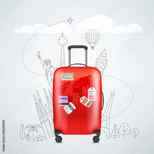 Color red plastic travel bag with different travel elements vector illustration. Travel concept
