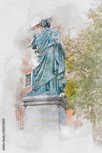 Monument of Nicolaus Copernicus in Torun, digital watercolor illustration 