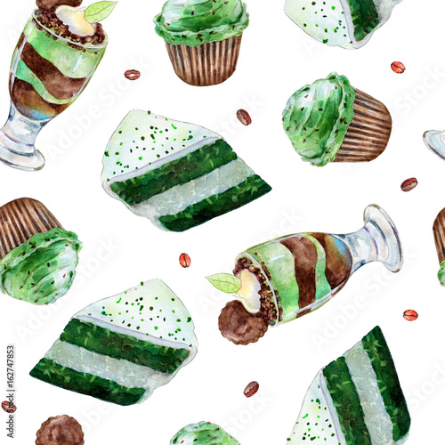 Seamless pattern with cake, cupcake and shot-glass desert, watercolor illustration in hand-drawn style on white background.