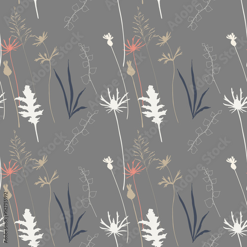 Floral vector seamless pattern with cornflowers, thistles and grasses.