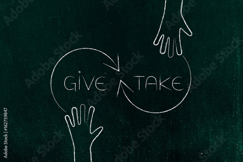 give and take hands with arrows and text