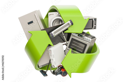 Green recycle symbol with household appliances, 3D rendering