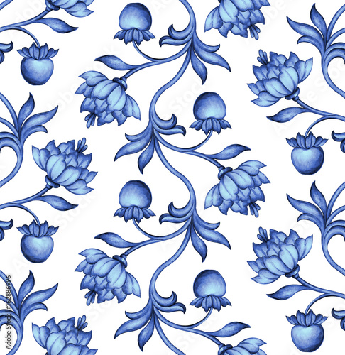 seamless floral pattern, medieval background, watercolor hand painted illustration, delft, indigo blue, flowers and leaves, vintage botanical wallpaper