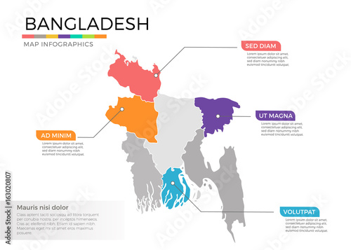 Bangladesh map infographics vector template with regions and pointer marks