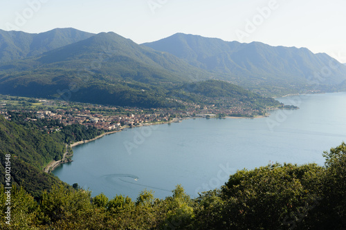 View from above on Luino and Lago Maggiore with the mountain peaks in the background