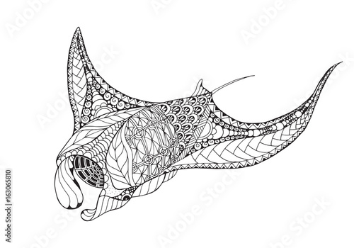 Zentangle stylized manta ray, mobula, devil fish. Vector, illustration, freehand pencil, pattern. Zen art. Black and white illustration on white background. Adult anti-stress coloring book.