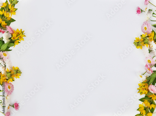 Frame from flowers of daisies and yellow bells on a white background