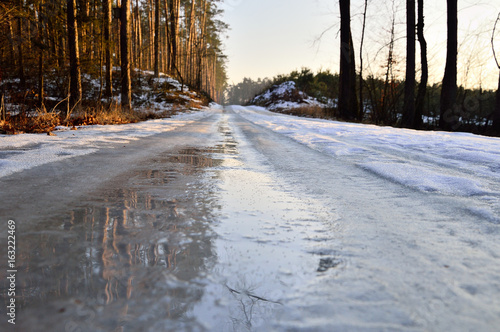 Leśna droga pokryta lodem