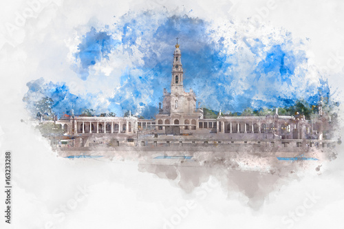 Sanctuary of Fatima, Portugal, digital watercolor illustration 