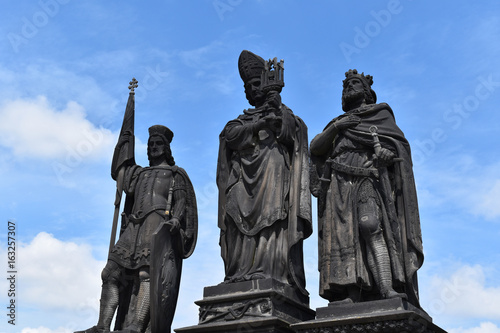 Sculptural group of Saint Norberto, Saint Wenceslao and Saint Sigismondo, by Josef Max in 1853, placed in Charles Bridge, in Prague, Czech Republic.