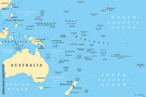 Oceania political map. Region, centered on central Pacific Ocean islands. With Melanesia, Micronesia and Polynesia, including Australasia and Malay Archipelago. Illustration. English labeling. Vector.