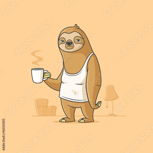 Sad sloth cartoon character holding cup of morning coffee vector illustration