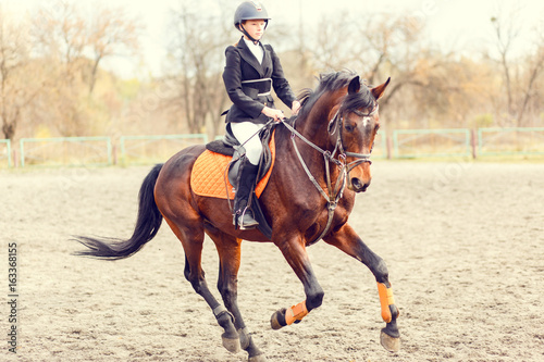 Young teenage rider girl on bay horse before jumping on show jumping competition