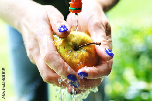 Soczyste ekologiczne jabłko. Kobieta myje jabłko pod bieżącą wodą.