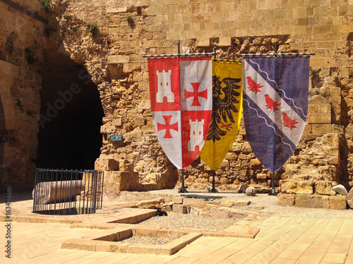 Templar Banners in Acri Akko Templar Museum and Fortress in Israel