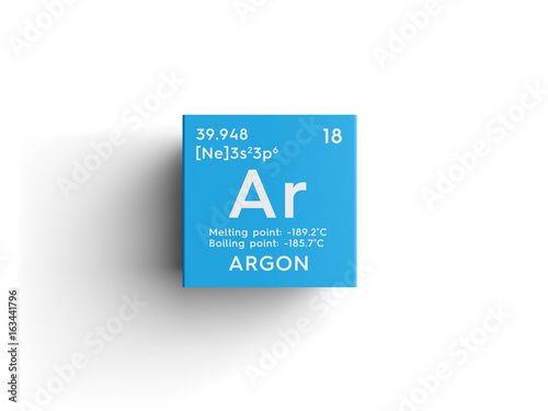 Argon. Noble gases. Chemical Element of Mendeleev's Periodic Table. Argon in square cube creative concept.