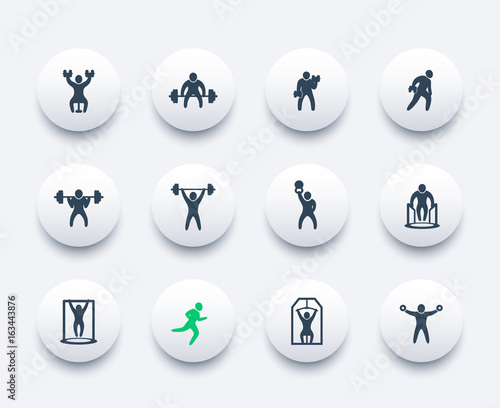 Gym, fitness exercises, workout, training icons set