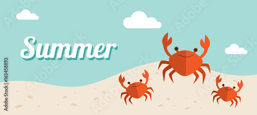 Summer holiday banner Vector Illustration, beach with waves, sand sky and crabs