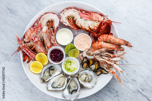 Fresh seafood platter with lobster, mussels and oysters