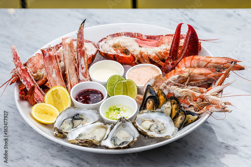 Fresh seafood platter with lobster, mussels and oysters