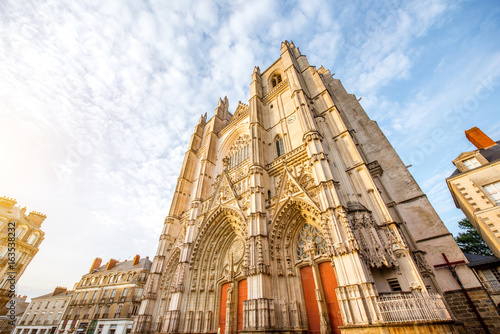 Sunset view on the saint Pierre cathedral in Nantes city in France