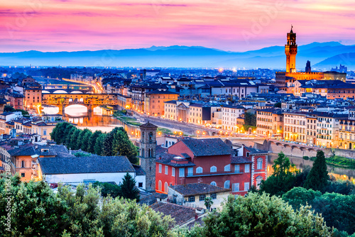 Florence, Tuscany, Italy - Palazzo Vecchio, Ponte Vecchio and Arno River.