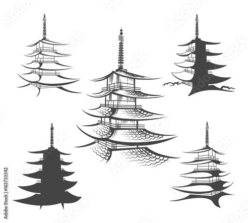 Asian hand drawn pagoda vector illustration. Japanese traditional home or chinese buddhist house architecture isolated on white background