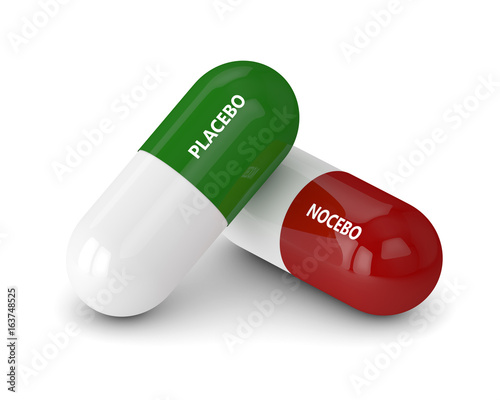 3D render of placebo and nocebo pills over white