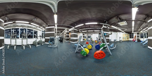 Empty big modern fitness gym with sport equipment full 360 degree panorama in equirectangular spherical projection