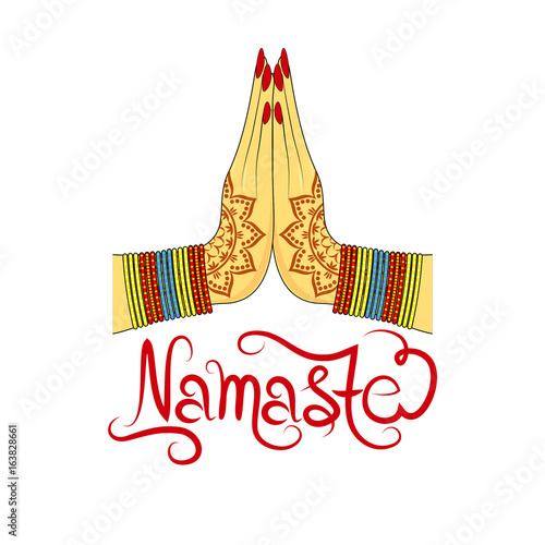 Indian womans hand greeting posture of namaste, vector illustration