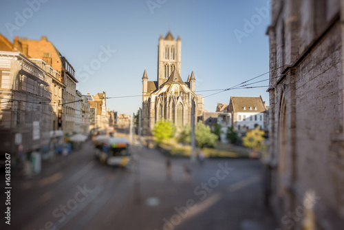CItyscape view on the saint Nicholas church during the morning in Gent old town, Belgium. Tilt-shift image technic