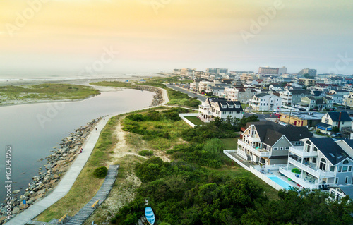 Aerial view of the sunset over North Wildwood sea wall