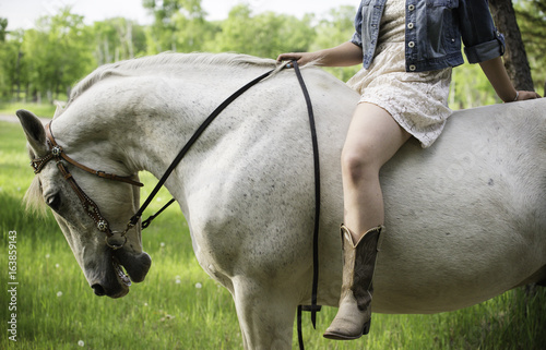 horse and bareback rider. girl in dress, wearing boots. strong white gelding bridled and showing strength
