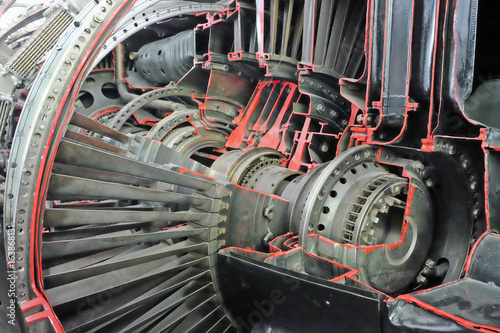 fighter turbojet engine cutaway. the blades in the area of the compressor. selective focus.