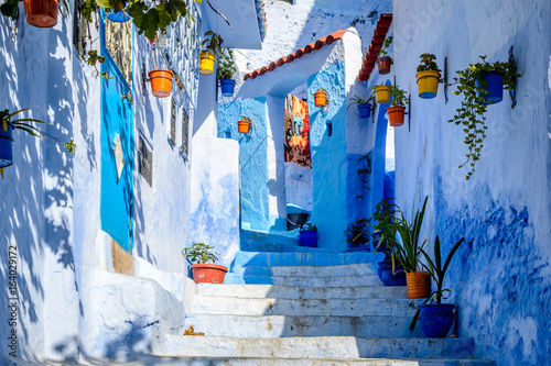 Colourful flower pots in an alley in the Blue City Chefchaouen, Morocco