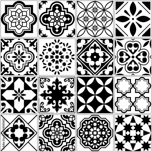 Vector tile pattern, Lisbon floral mosaic, Mediterranean seamless black and white ornament