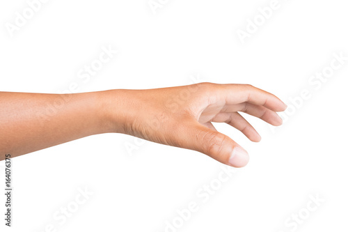 left side hand of a man trying to reach or grab something. fling, touch sign. Reaching out to the left. isolated on white background