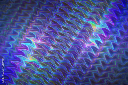 Abstract glowing blue and violet waves on black background. Psychedelic fractal texture. Digital art. 3D rendering.