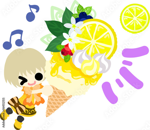 The illustration of an ice cream of lemons and a cute little girl
