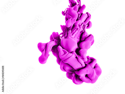 Ink swirl in a water, isolated on white background. The pink, raspberry paint in the water. Soft dissemination a droplets of colored ink in water close-up. Explosion of color splashes acrylic ink.