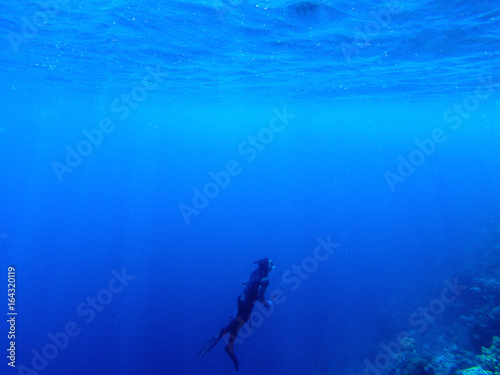 Diver underwater in deep blue sea. Man in diving gear dives up to water surface.