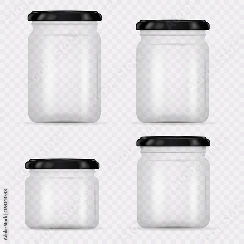 Set of Glass Jars for canning and preserving. Vector Illustration isolated on transparent background.Empty transparent glass jar with screw cap. Round Shape Glass Canister.