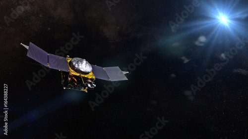 3d render of the MAVEN space probe in front of the Sun