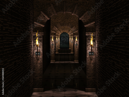 Medieval corridor and iron castle gate