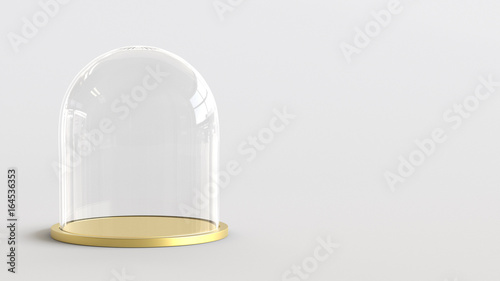 Glass dome with golden tray on white background. 3D rendering. 