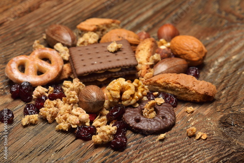 cereal biscuits with chocolate and dried fruits